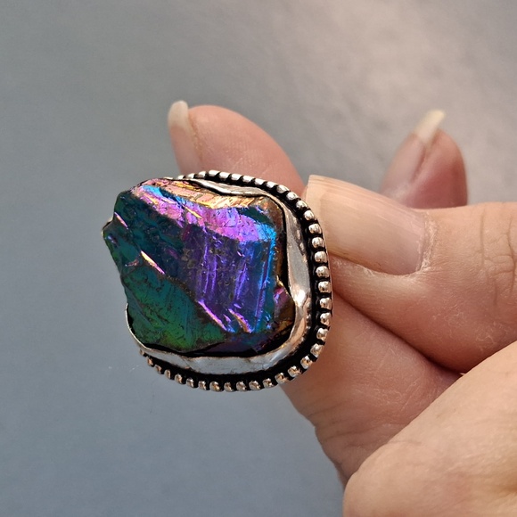 New Rainbow Titanium Crystal Quartz 925 Silver Statement Ring. - Picture 11 of 13